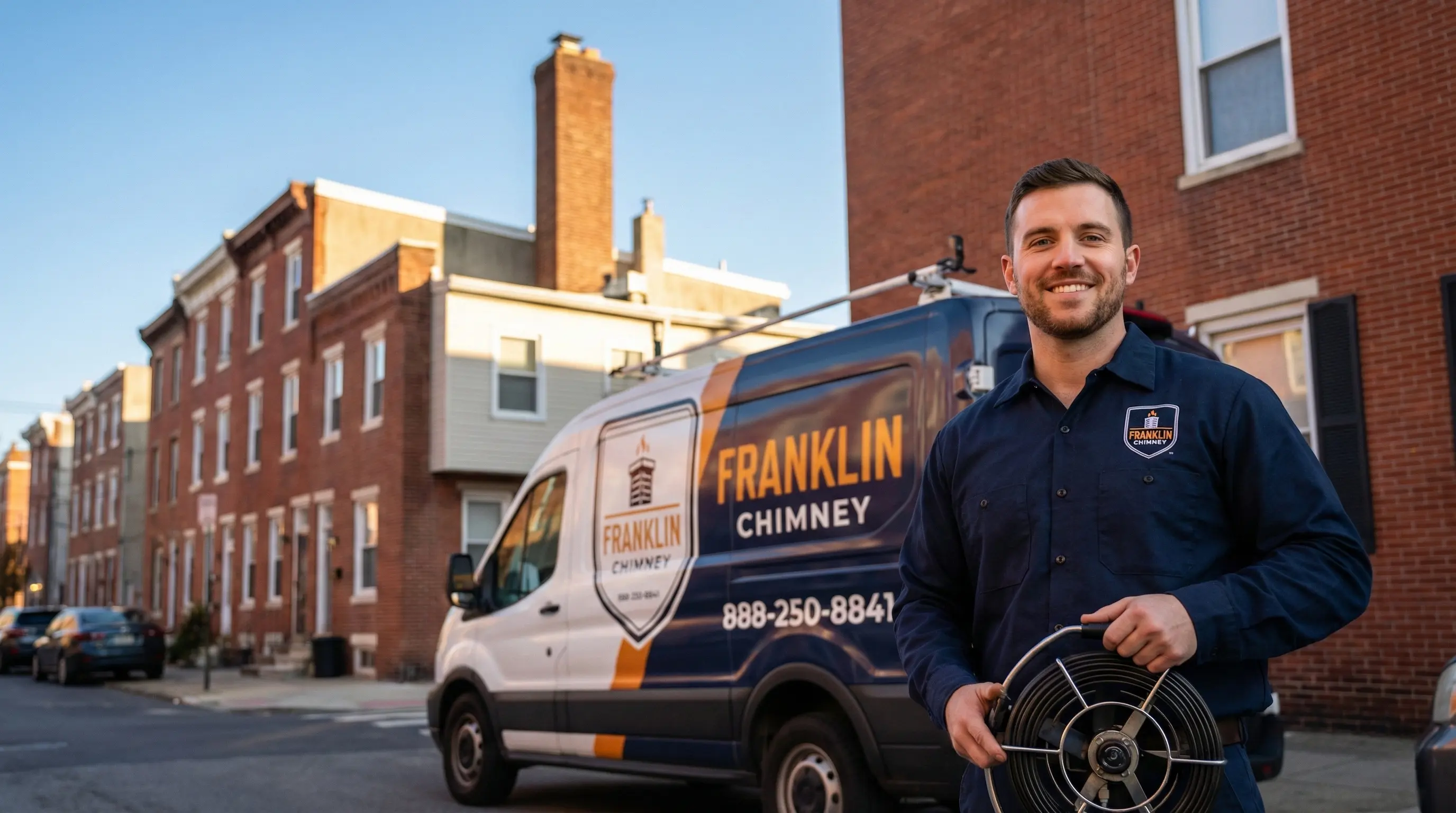 Franklin Chimney team with service van in Philadelphia