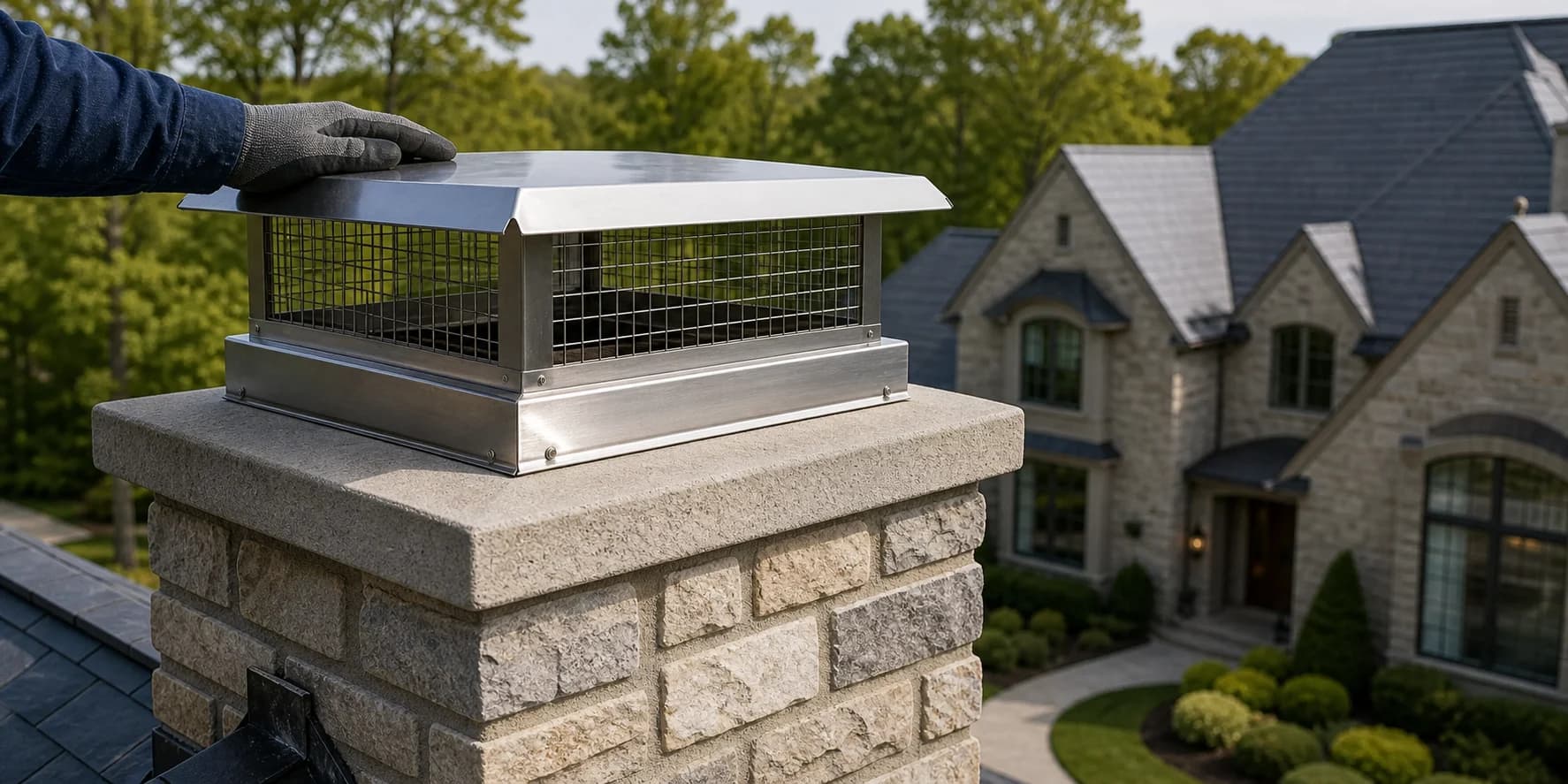 Finished stainless steel chimney cap on an upscale suburban chimney