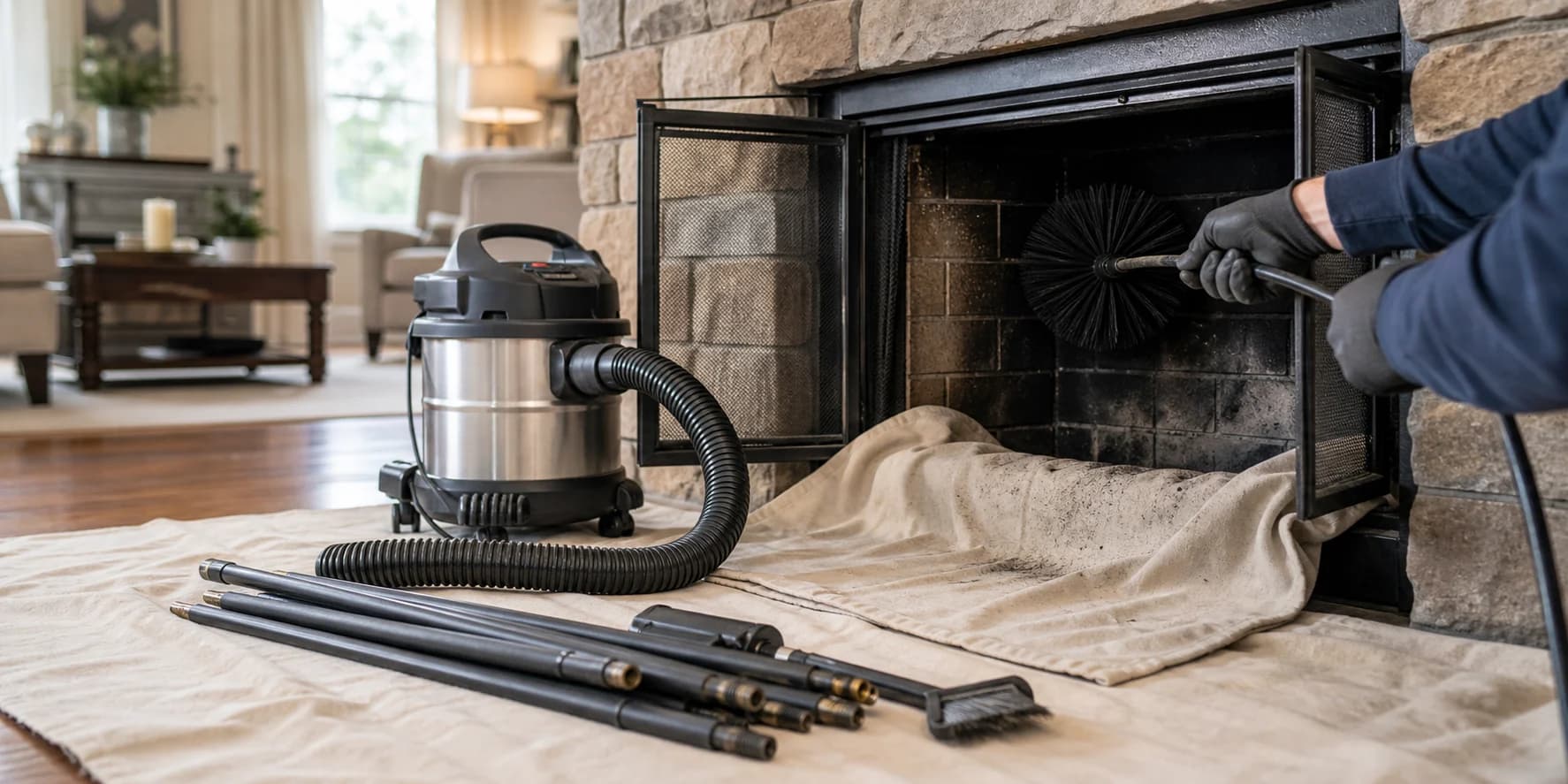 Clean chimney sweeping setup with tarps and vacuum in an upscale home