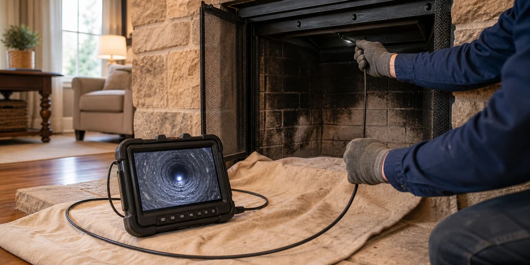 Interior chimney camera inspection setup in an upscale home