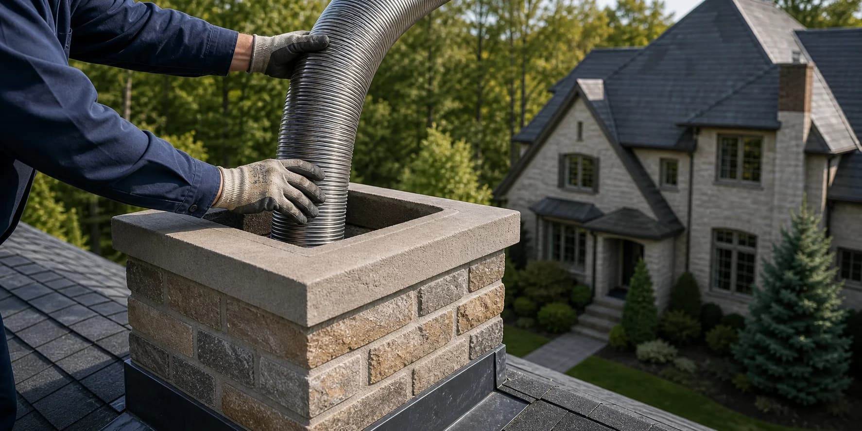 Stainless steel chimney liner being guided into a masonry chimney