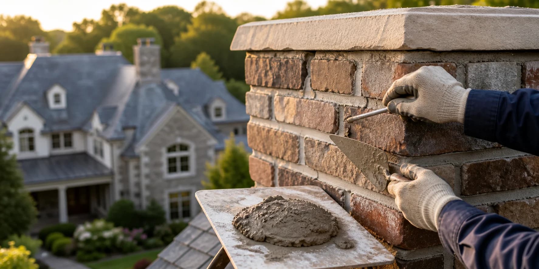 Chimney masonry repointing on an upscale suburban home